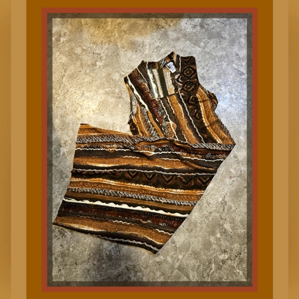 Vintage Earthy Tone Bohemian Patterned Fitted Slit Side Sleevless Dress